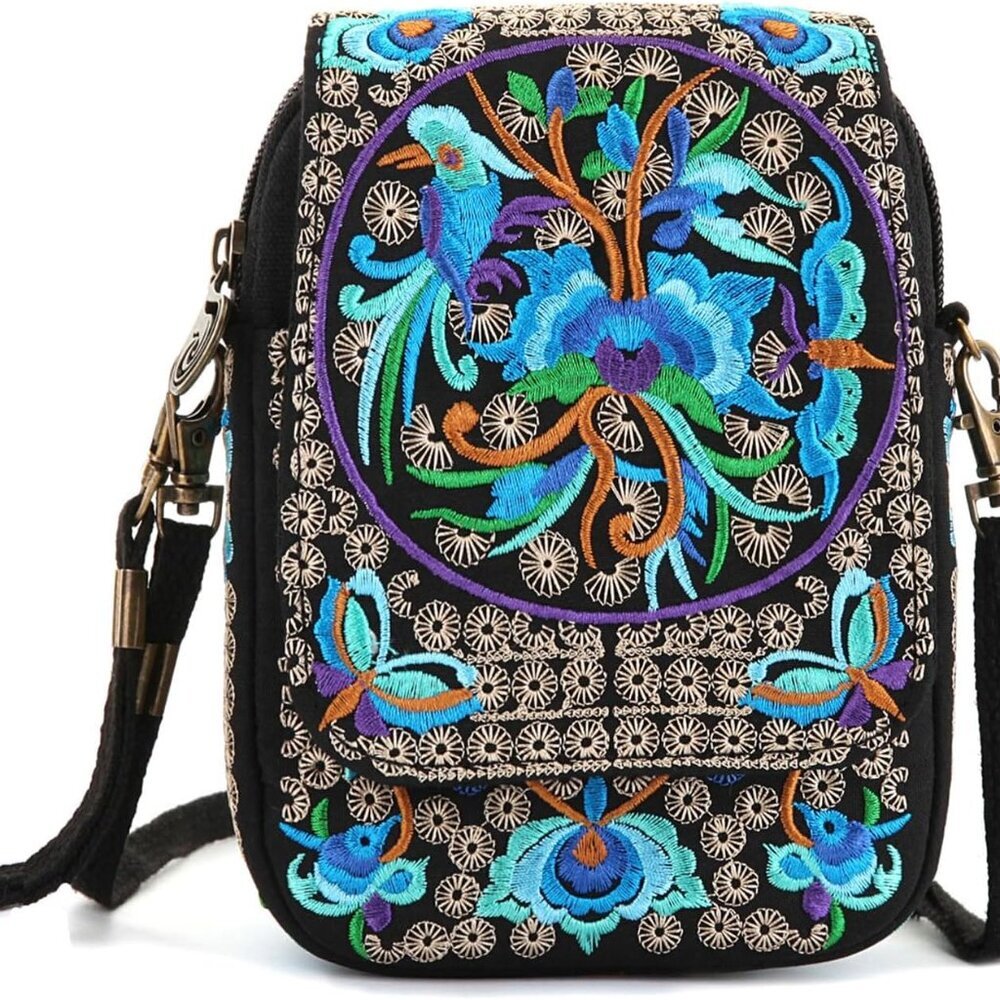 Embroidery Flowers Canvas Crossbody Bag, Women Messenger Bag, Cellphone Pouch Pu